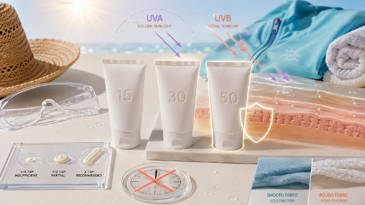 مقایسه SPF ۱۵، ۳۰ و ۵۰ و نمایش نقش مقدار مصرف، UVA، UVB، آب، تعریق و اصطکاک در محافظت ضد آفتاب