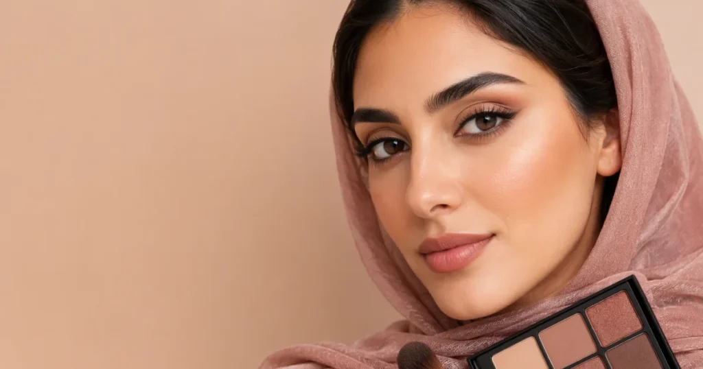 نمای نزدیک آرایش چشم ملایم همراه با براش و پالت سایه
